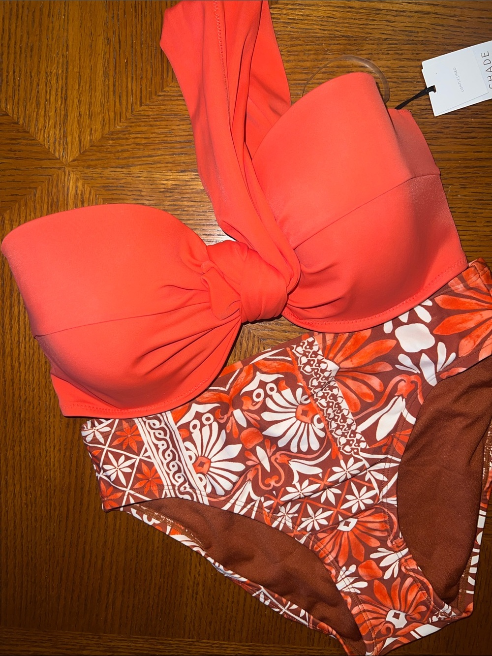 Shade & Shore Coral Red Bandeau Bikini Top with Patterned High-Waist Bottoms